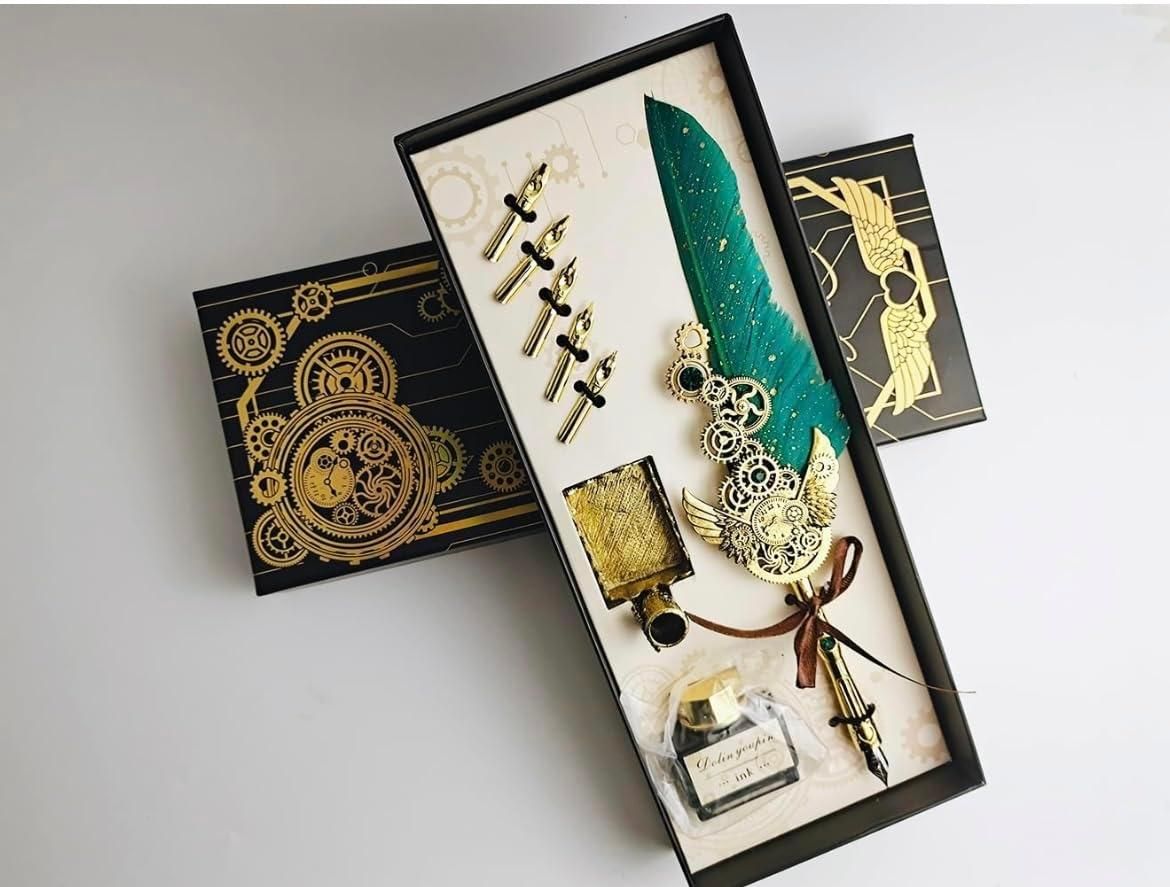 Vintage Quill Feather Calligraphy Pen Set - Complete Writing Kit with Ink, Nibs & Holder Gift Box