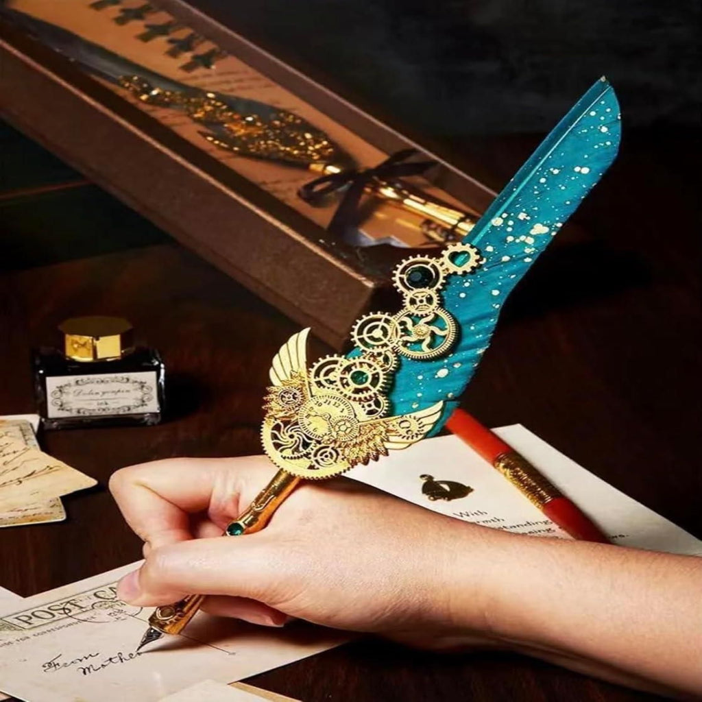 Vintage Quill Feather Calligraphy Pen Set - Complete Writing Kit with Ink, Nibs & Holder Gift Box